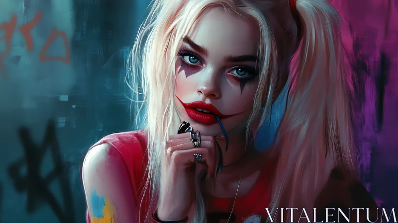 Punk clown girl portrait under neon graffiti glow.