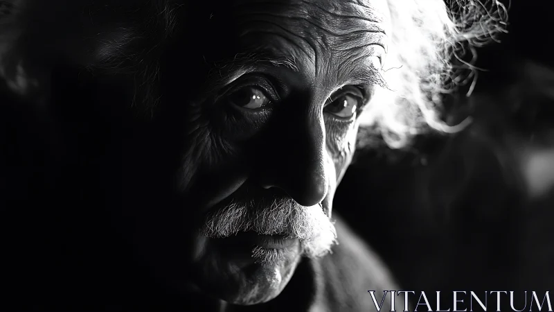 Monochrome close portrait of elderly man in strong sidelight.