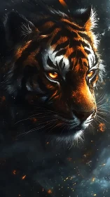Ignited tiger visage with emissive ocular illumination in smoke.