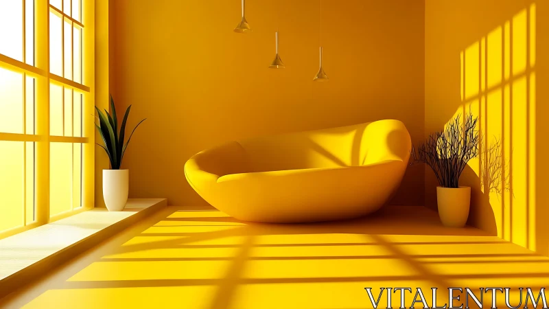 Minimalist yellow lounge with sculptural sofa and light play.