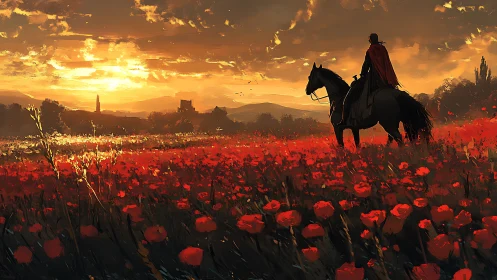 Rider on horseback in red flower field at sunset landscape.