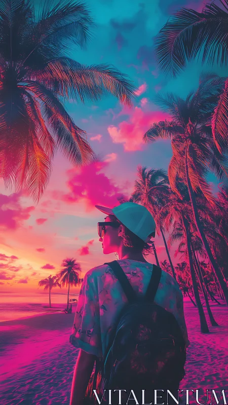 Neon tropical sunset frames a traveler on vivid beachscape.