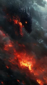 Volcanic inferno with molten fire dragon emerging from storm