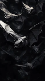 Close view of flying bats in dense dark night sky.