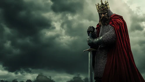 Photorealistic medieval king portrait with stormlit composition.