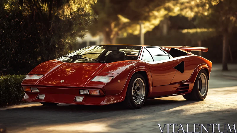 Sunset cruise with a classic red supercar icon on display.