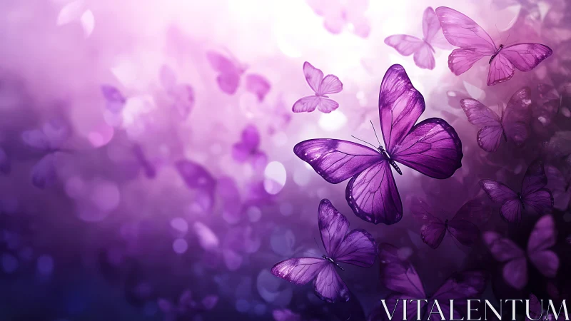 Violet butterflies in radiant bokeh misted twilight flight.