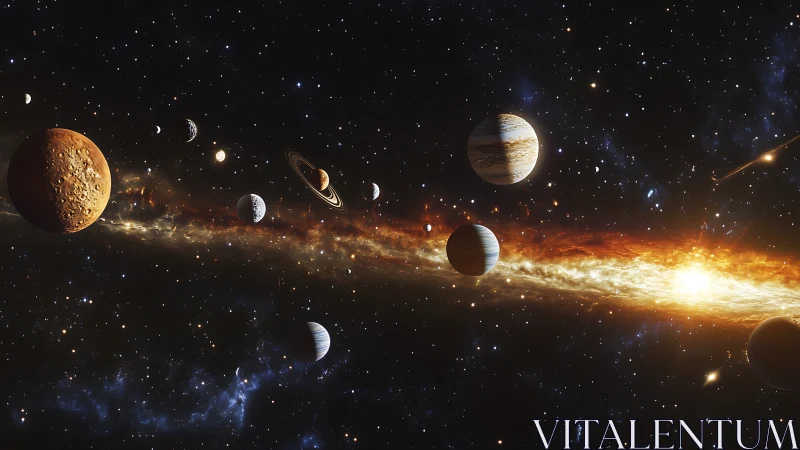 Digital planetary system aligned over blazing galactic core.