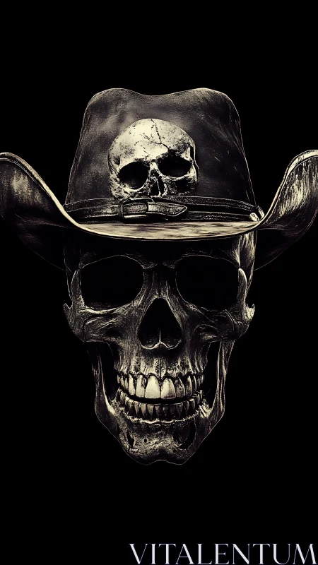 Cowboy skull portrait with double skull hat on black.