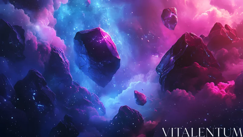 Floating space rocks in vivid pink and blue nebula sky.