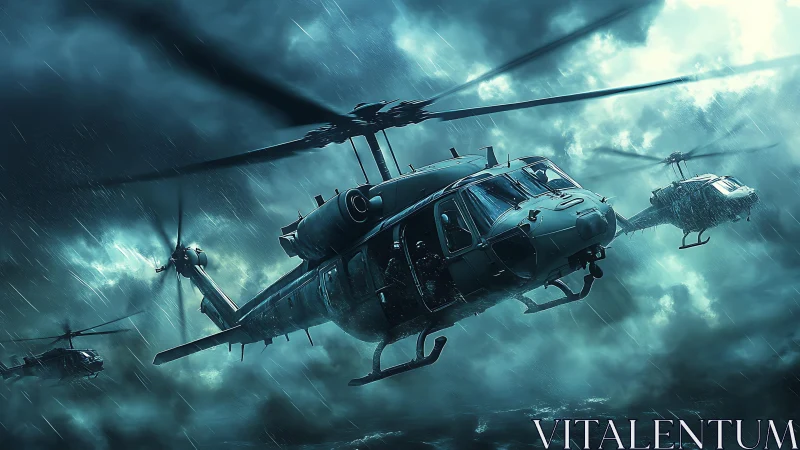 Military helicopters traverse stormy airspace in formation