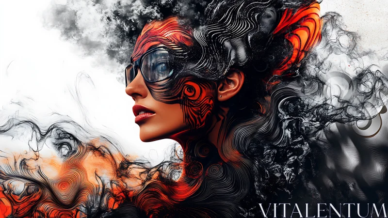 Cyber-organic portrait merges smoke, waveform patterns, and neon