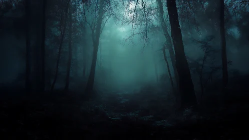 Fog-drenched forest path recedes into eerie teal darkness