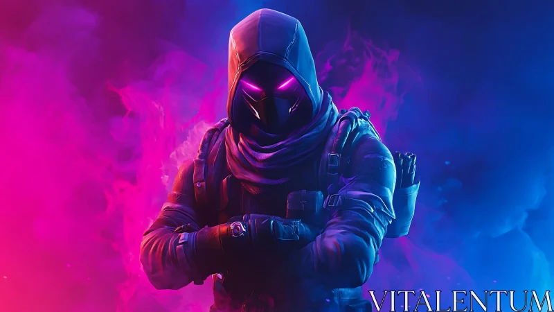 Hooded techno-assassin in neon magenta and cyan volumetric fog