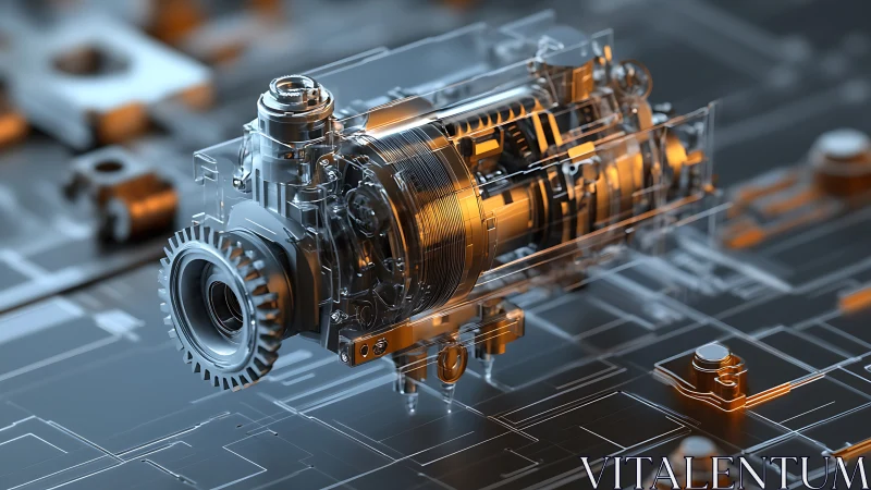 Transparent isometric gearbox cutaway on circuit substrate