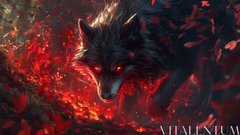 Infernal black wolf stalks through burning crimson forest.