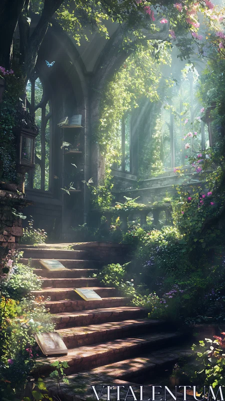 Enchanted stone stairway in overgrown gothic garden hall.