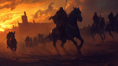 Dusk-lit cavalry storms the burning horizon beyond citadel walls