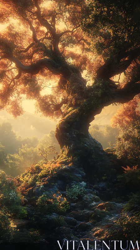 Ancient forest tree glows softly in golden sunrise mist