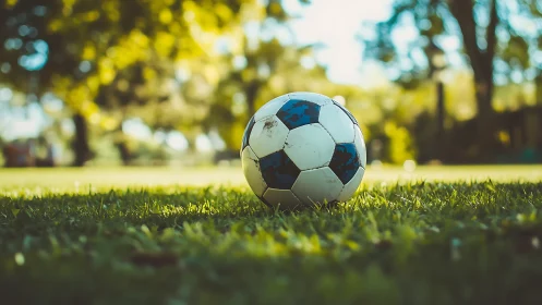 Soccer ball on grass field under soft natural daylight period.