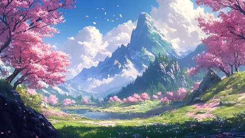 Mountain valley under blooming cherry trees in vivid spring light.
