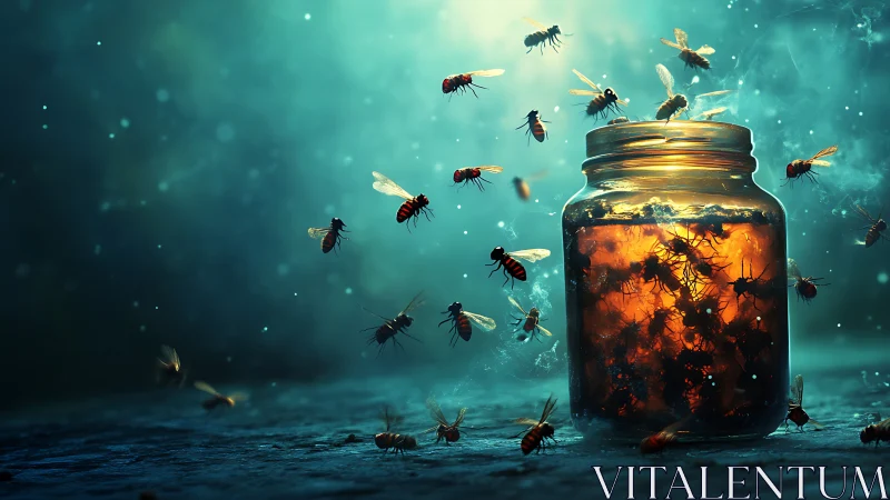Glow of the jar, a swarm of tiny wings in amber light.