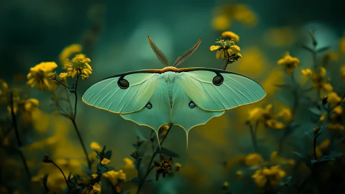 Green luna moth on yellow wildflowers in soft teal light.