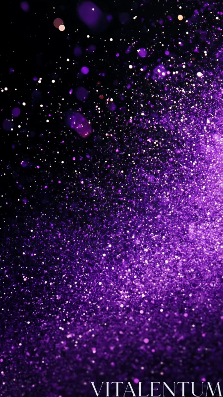 Purple glitter dust drifts through deep cosmic darkness.