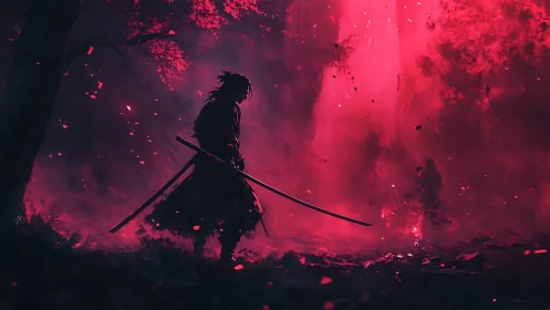 Lone samurai confronts a shadowed foe in crimson mist.