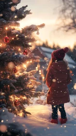 Child observes illuminated outdoor tree in winter snow