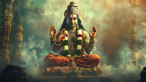 Divine deity statue sits in misty temple light