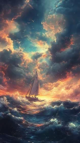 Storm-lit sailboat cutting through iridescent ocean waves.