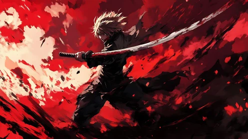 Sword-wielding figure in red abstract digital battle field.