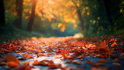 Sunlit forest path glows through carpet of vivid autumn leaves