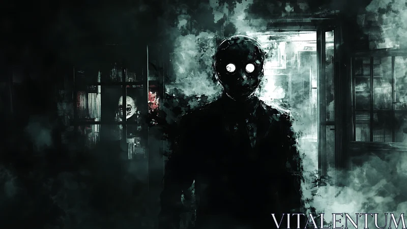 Mask figure stalks corridor through smoky monochrome haze.