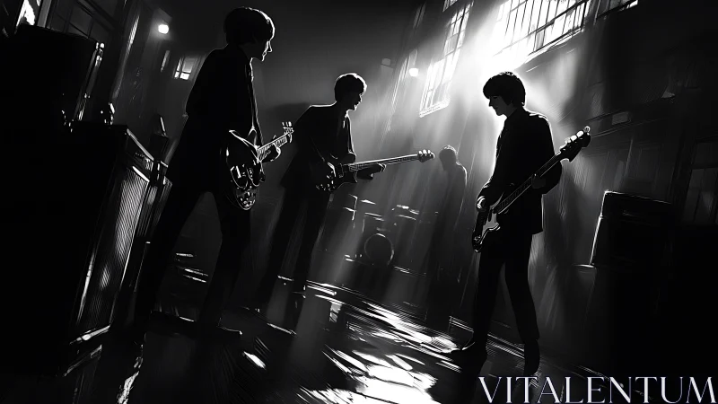 Monochrome rock band silhouettes performing under dramatic beams