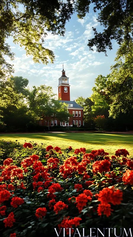 Historic Brick Building Framed by Spring Blooms.