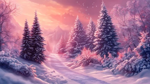 Winter path glowing with pink twilight and soft falling snow.