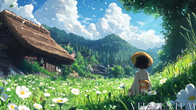 Summer hillside meadow with thatched farmhouse and child.