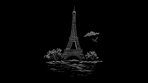 Monochrome line illustration of Eiffel Tower with riverfront.