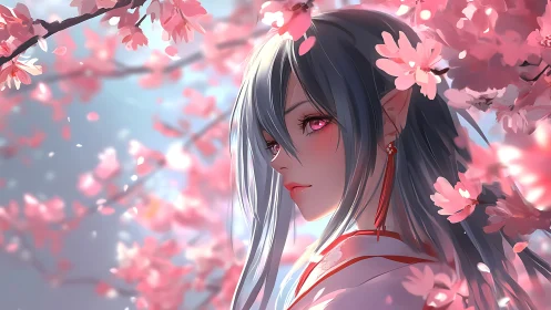 Elf girl gazes through soft cherry blossoms in spring light