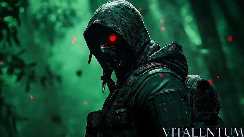 Hooded cyber scout with glowing red visor in neon forest.