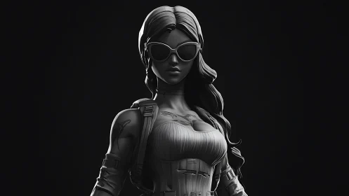 Confident sunglass warrior stands bold in sculpted grayscale