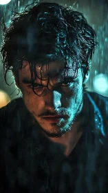 Stormlit gaze of a rain-soaked loner in neon night. Period.