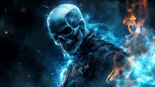 Fiery blue skull warrior wrapped in swirling ghostly flames.