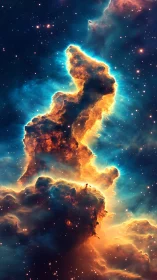 Celestial nebula tower glows with fiery ionized gases.