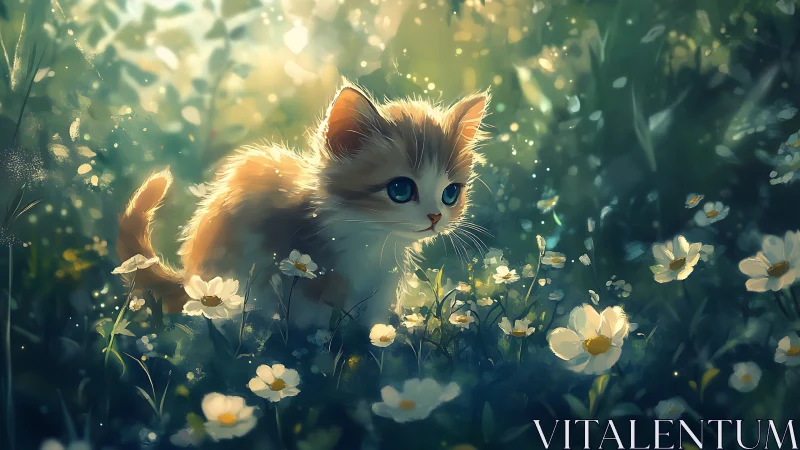 Kitten in Daisy Field with Golden Sunlight.