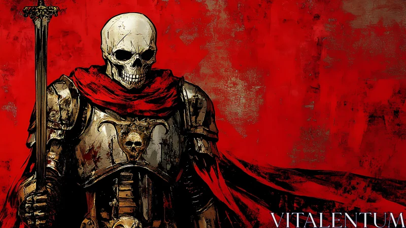 Skeletal armored figure stands before a textured red field