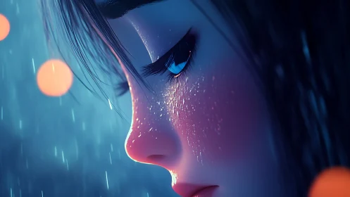 Melancholic profile portrait in neon rain with bokeh glow.