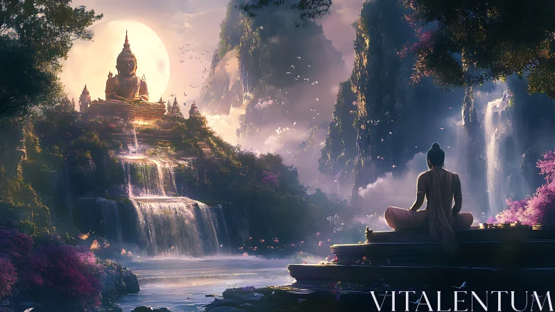 Luminous waterfall temple with meditating figure at moonrise.
